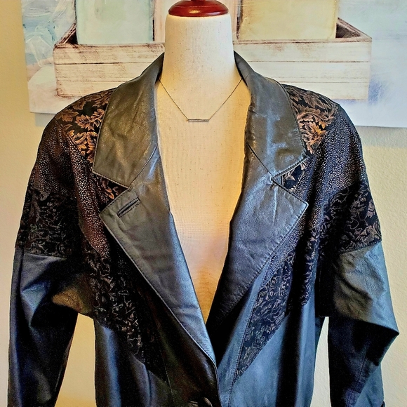 Vintage Leather 47" Trench w/ Botanical Print Shoulder sz M - Picture 3 of 11